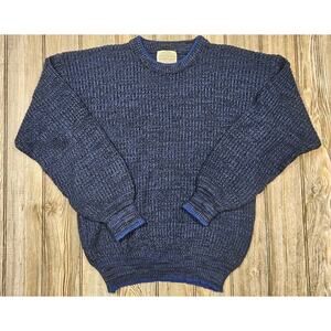 Vintage Chunky Knit Sweater Mens M Blue Gray Black Marled Fisherman Crewneck 90s